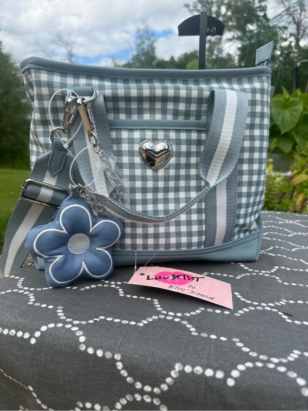 Betsey Johnson Blue and White Gingham Crossbody Bag with Flower Charm NWT - Picture 1 of 8